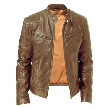 New arrival high quality zipper casual men's brown leather jacket wholesale