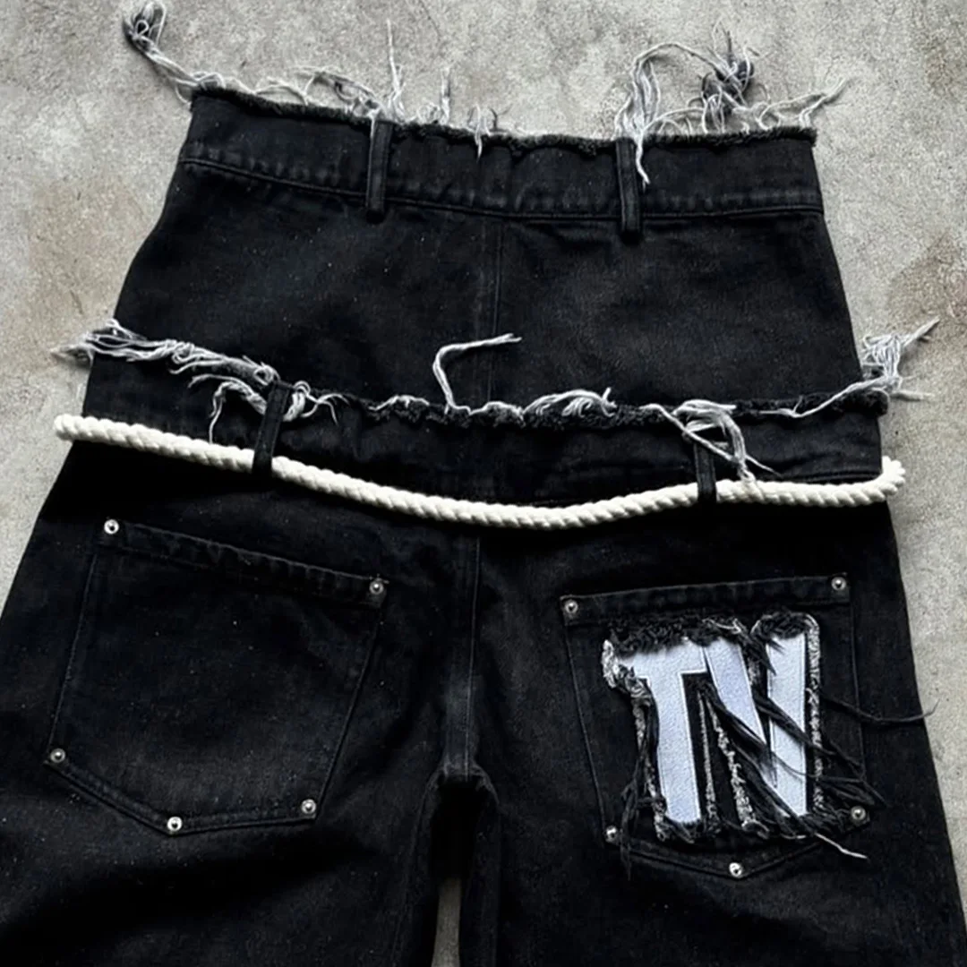 product custom men streetwear flared denim shorts double waist design abrasion distressing embroidered patches rhinestone decoration-5
