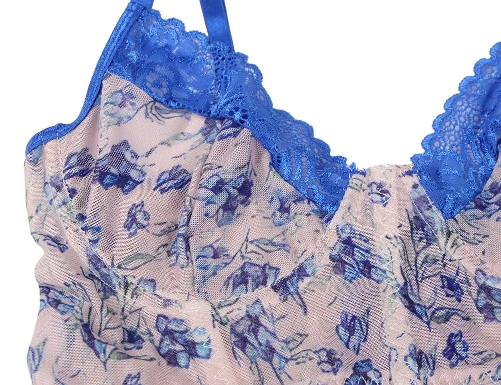 Blue Hot Selling Sexy Lingerie Underwire Bra Brief Sets Floral Lace