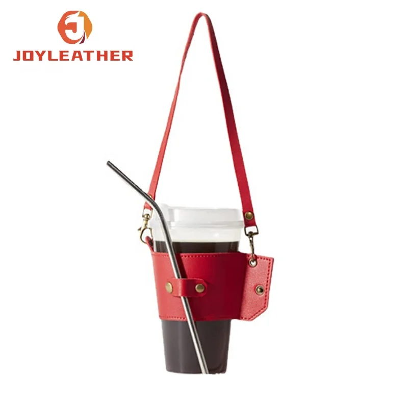 Custom Reusable Coffee Sleeves PU Leather Cup Holders Portable Hot and Iced Coffee Sleeves with Coffee Straw
