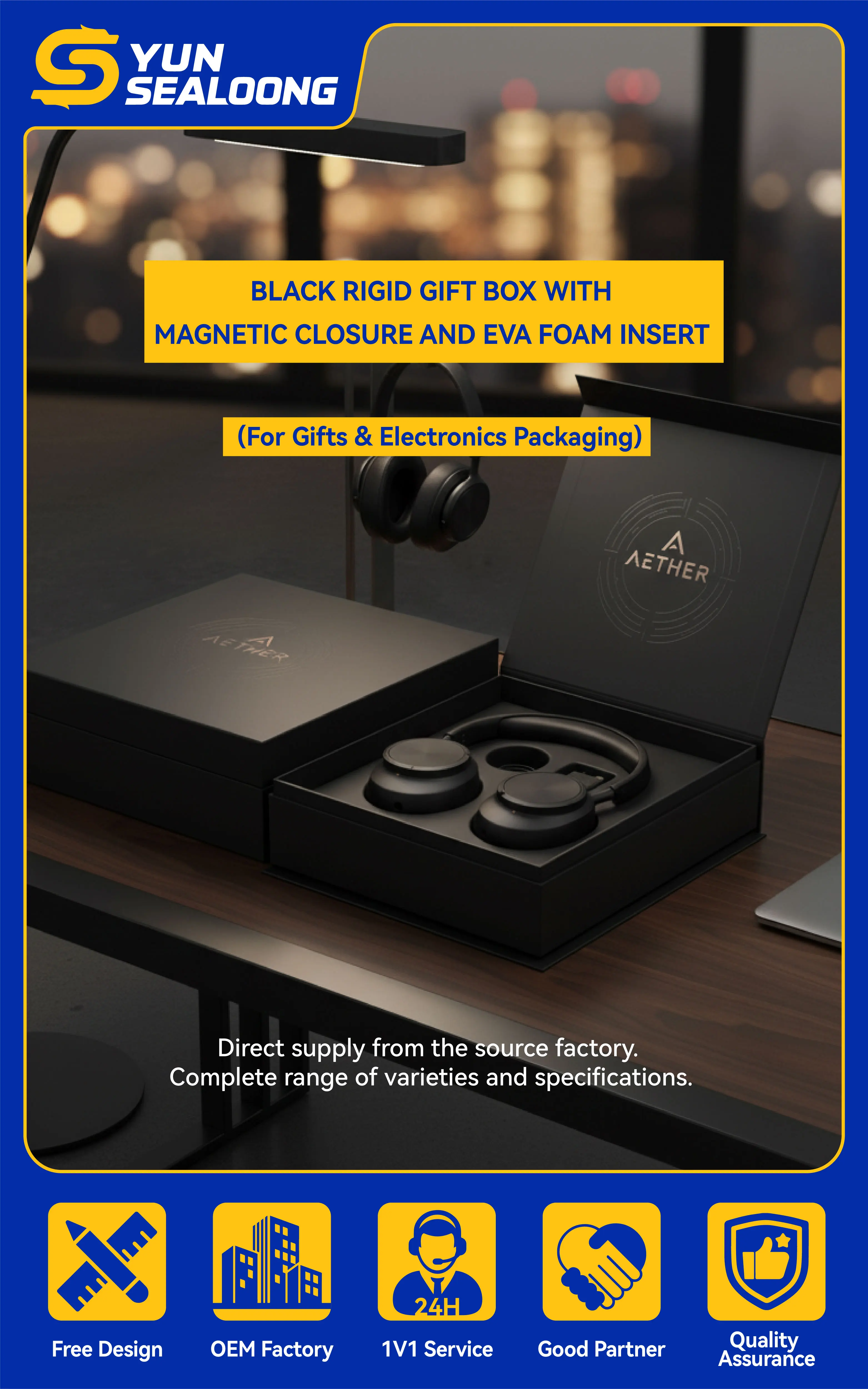 Custom Logo Black Rigid Gift Box Magnetic Closure EVA Foam Insert Recycled Materials Spot UV Printing for Electronics Packaging