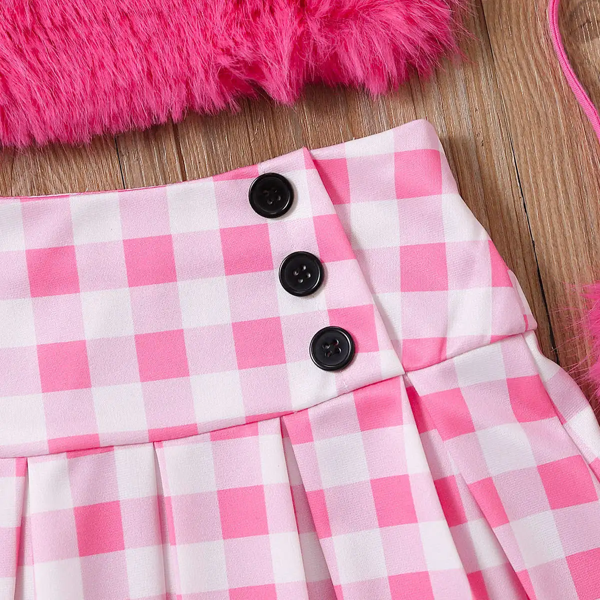 Wholesale children's clothing fashion summer fur suspender vest tops+plaid button skirt+bag 3pcs girl outfits clothes