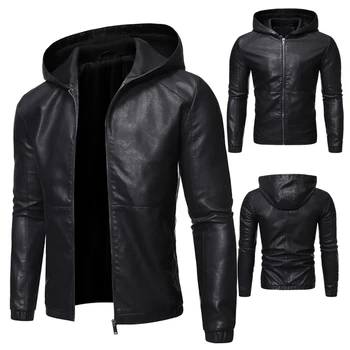 Bulk Wholesale FASHION Trim Hooded Luxury Black Leather Jacket For Men Custom Label