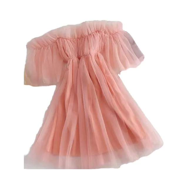 Mesh pink sweet off shoulder sexy waist cinching A-line short skirt temperament high-end fashion dress