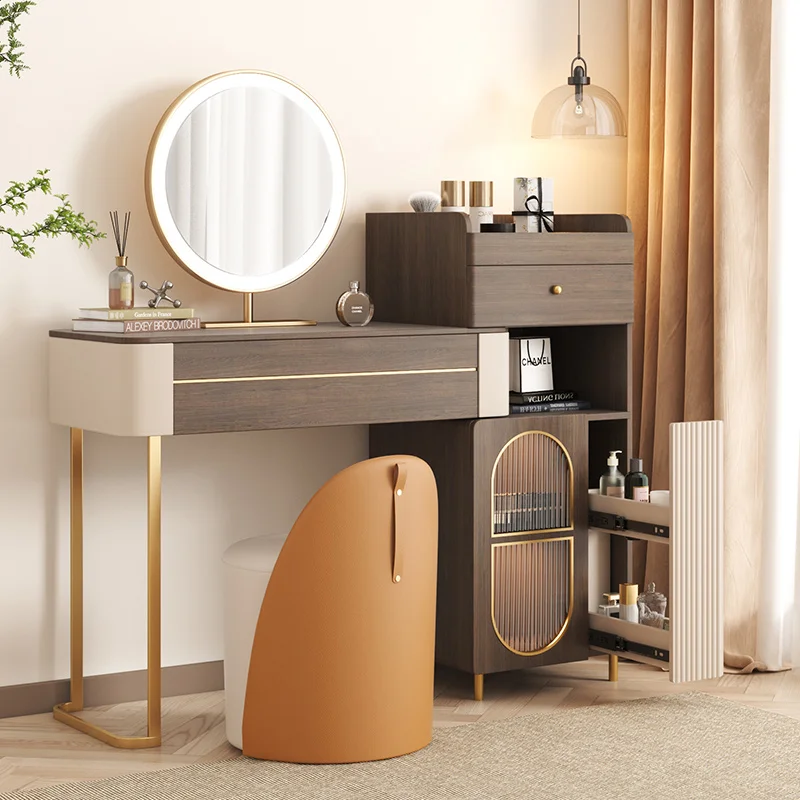 Telescopic Design Modern LED Mirror Storage Bedroom Furniture vanity Makeup Dresser one set Dressing Table