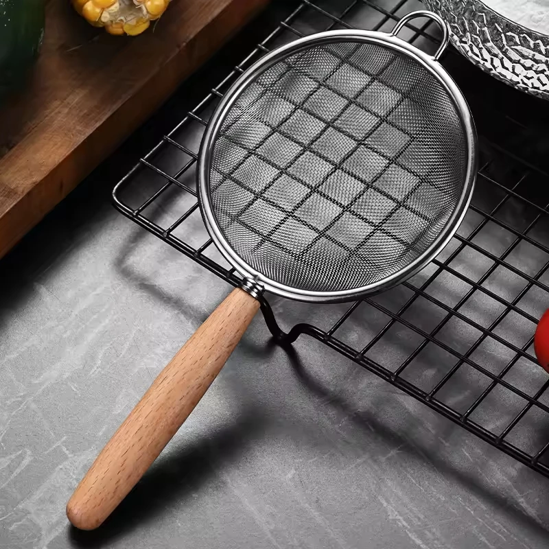 Wooden Handle Stainless Steel Small Colander Fine Mesh Oil Strainer Multi-function Filter Mesh Flour Sifter Kitchen Baking Tools