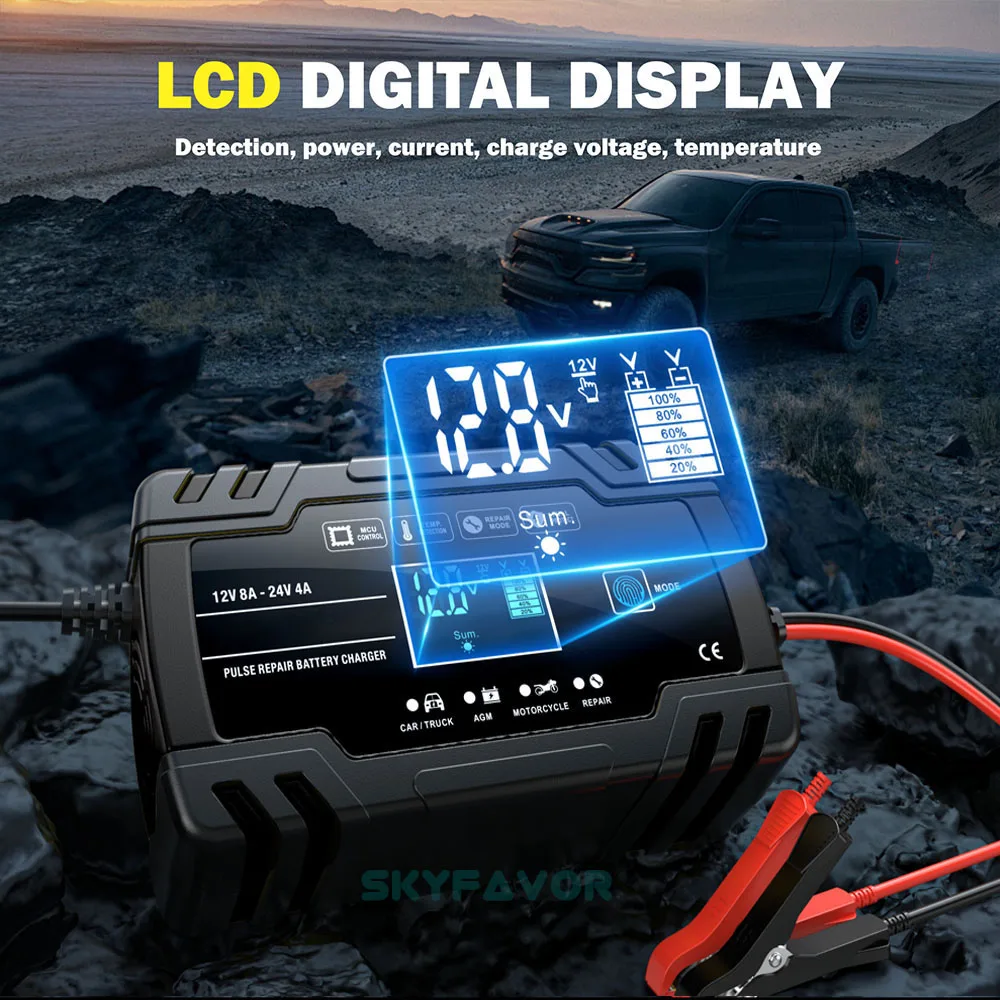 Universal truck car battery charger 12V 24V 8A automatic Maintenance-free gel agm dry wet deepcycle pulse repair battery charger