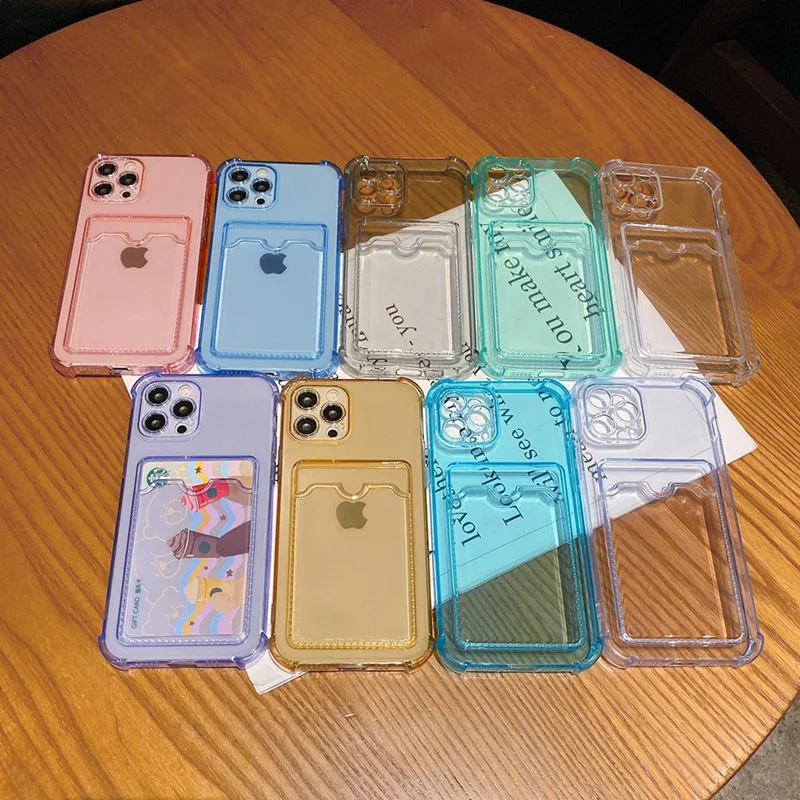 Crystal Tpu Soft Iphone Case With Credit Card Holder Phone Cases Clear Pocket Wallet Back Cover Multi-Color Optional Green