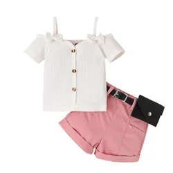 2023 Baby Clothing Girls Striped Suspenders One-shoulder Shorts Suit With Bag Cool Cotton Solid Color Toddler Baby Clothes Sets