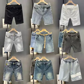 High quality custom men's jeans Short Summer Blue Black white grey torn torn torn zipper fly skinny men's denim shorts