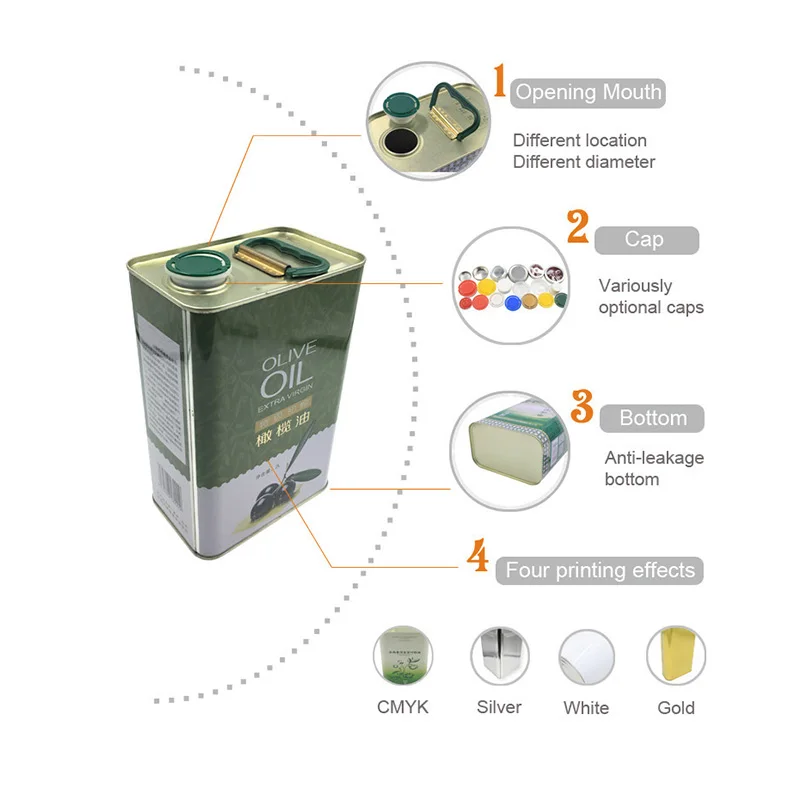 Waterproof 2L Rectangular Olive Oil Tin Can for Food Grade Oil Packaging