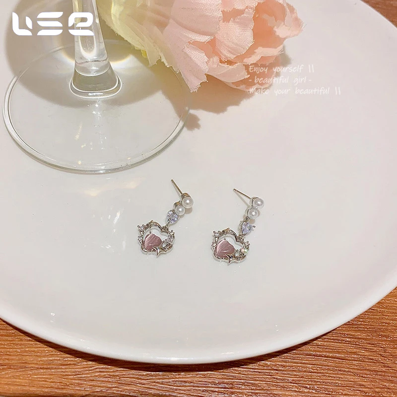S925 sterling silver simple niche retro copper opal pearl pink heart fashion jewelry earrings