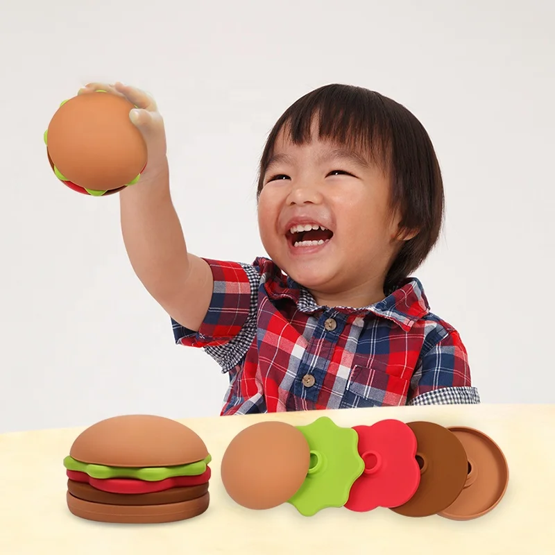 Wellfine BPA Free Educational Kids Silicon Stack Toy Creative Children Gift Hamburger Silicone Baby Stacking Toys