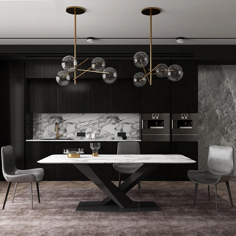 Modern Luxury Design  Nordic Dining Room Restaurant Full Black Italian Large Square Marble MDF Top Dining Table