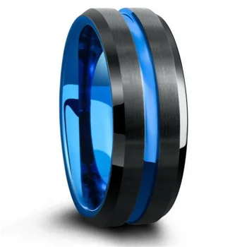 Guangzhou Jewelry 8MM Blue Mens Wedding Bands blue thin line black Tungsten carbide ring