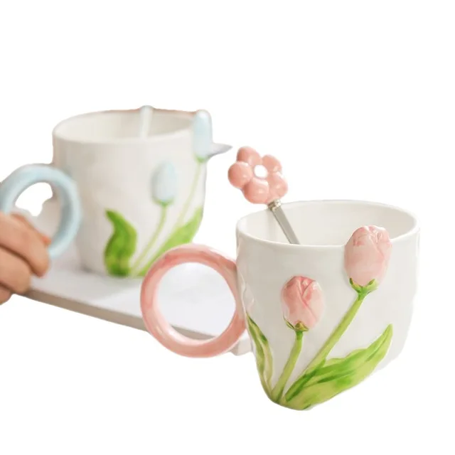 ins Wind Tulip high appearance level Ceramic with lid spoon girl heart cute coffee breakfast cup