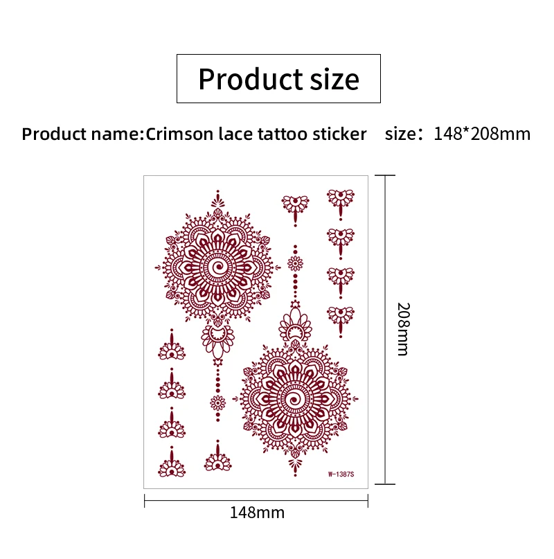 Custom Water Transfer Printing Red Ink Colorful Lace Red Henna Tattoo Temporary Sticker for Hands factory