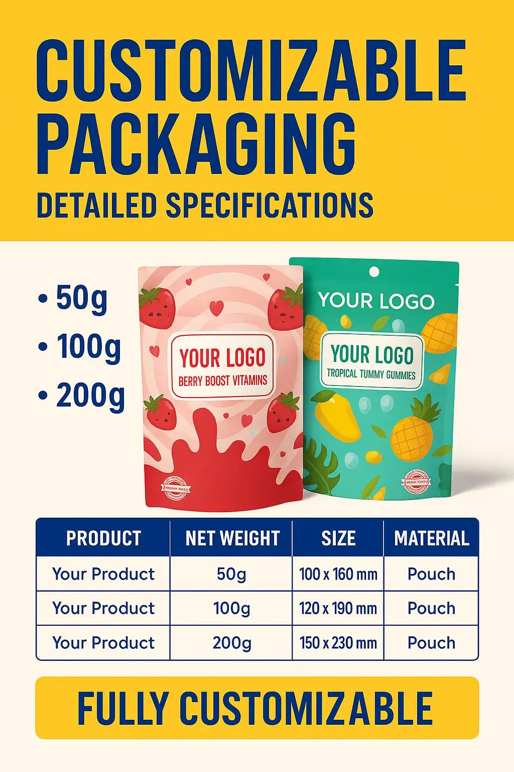 Custom Size Recyclable PE Stand up Pouch with Zipper Top and Custom Logo for Gummies Candies Herbal Products - detail 7