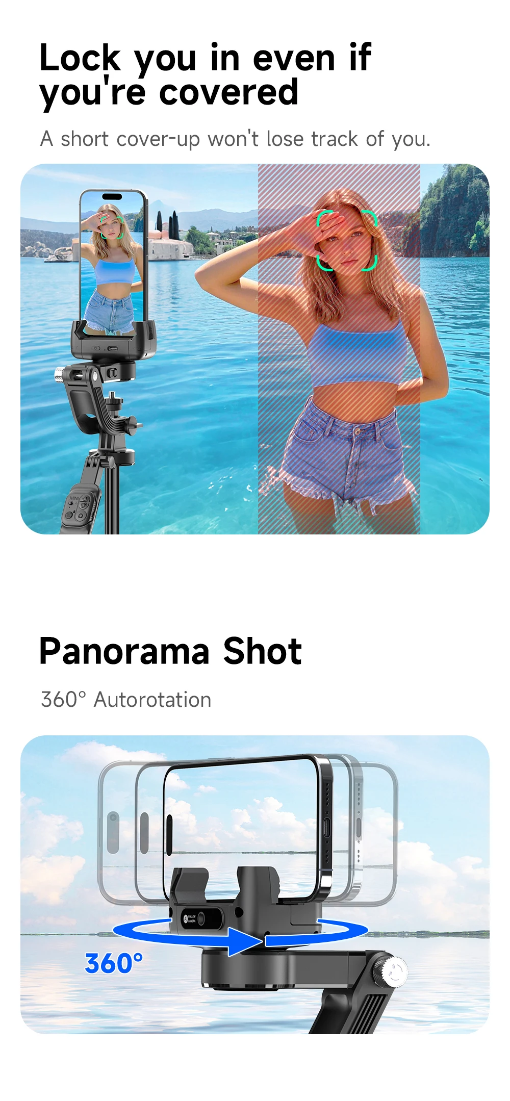 C16 Intelligent AI Face Tracking 360 Rotating Single Axis Gimbal Stabilizer Aluminum Alloy Rod Quadrupod Selfie Stick Light 540g