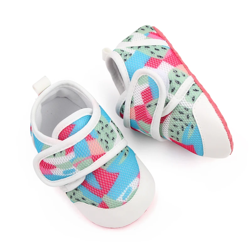 PU Leather Toe Mesh Breathable Cartoon Printed Baby Girls and Boys Soft Soled Toddler Shoes factory