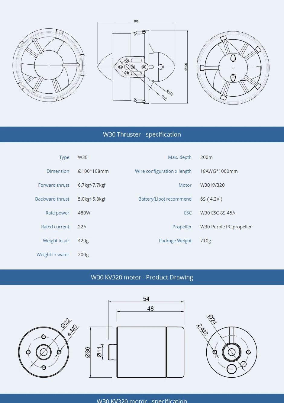 CubeMars-12V-25V-Thruster-W30-Thruster-Specification