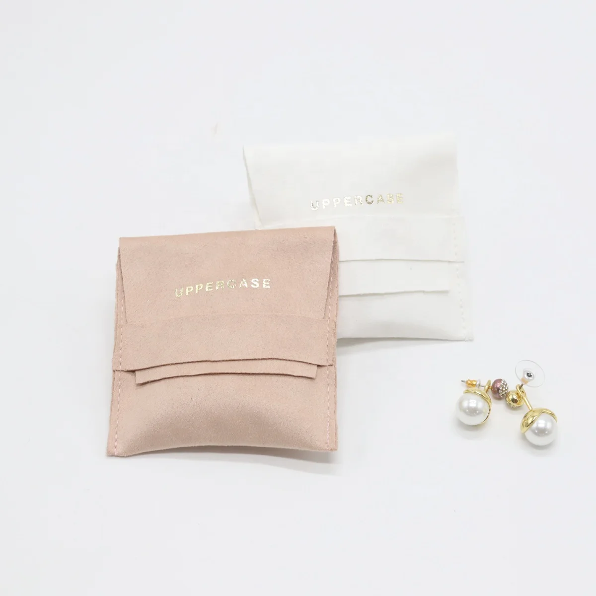 Custom Hot Stamping Microfiber Suede Jewelry Bag With Flap Pink Suede Packaging Jewelry Pouch