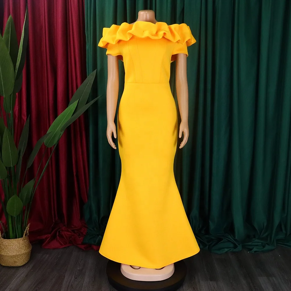 JUES 2023 New Solid Color Fishtail Dress Ruffles Slimming Long African Dresses Designs Evening Dress