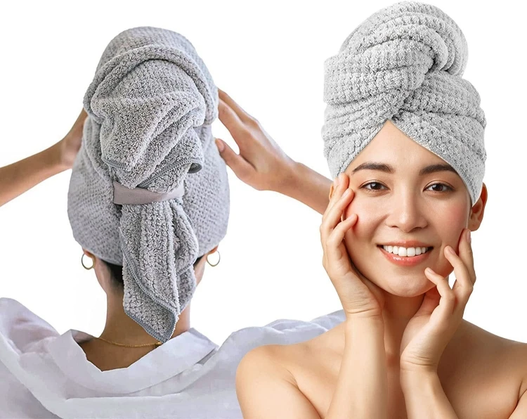 Personalized high absorbent microfiber twist hair turban plaid polyester fleece hair drying towels for women
