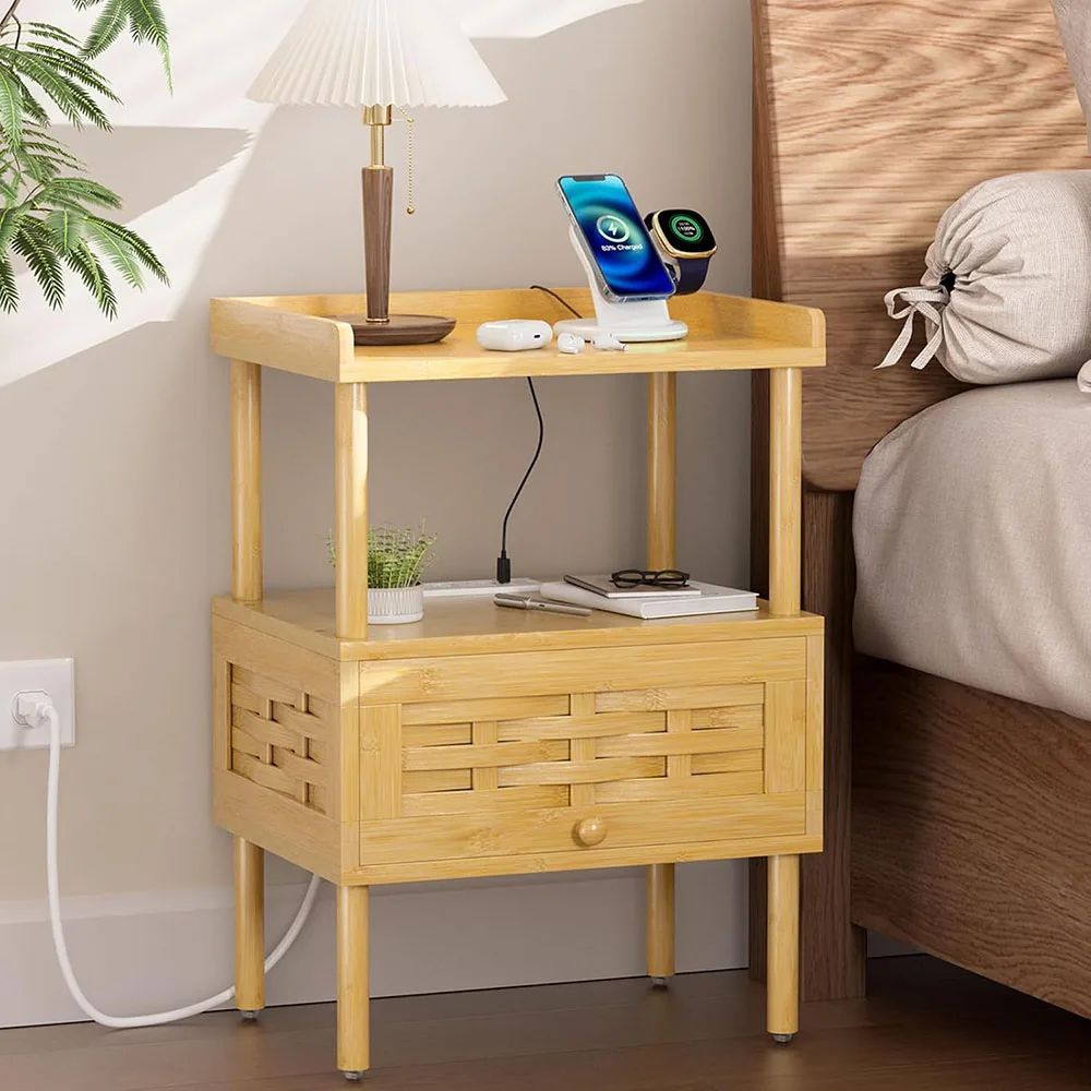 product modern bamboo nightstand with charging station bedside table with usb ports outlets night stand for bedroom use-1