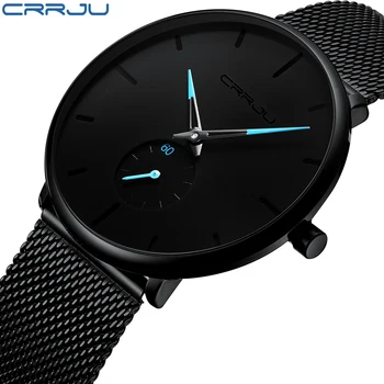 Crrju top brand men's fashion watches luxury quartz watch Casual slim steel mesh sports waterproof watch