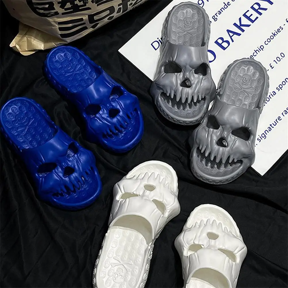 HEVA Skull Design Slides Slippers Thick Bottom Summer Pillow Platform Slippers for Women Men Indoor & Outdoor Black
