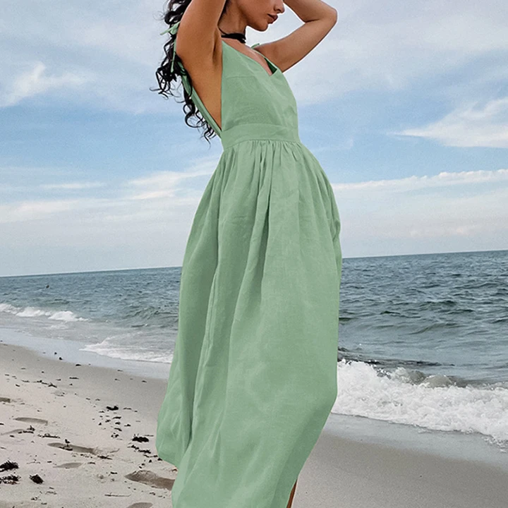 Custom Summer  New Solid Bohemian Vacation Beach Women Luxury Midi Casual Cotton Linen Dress