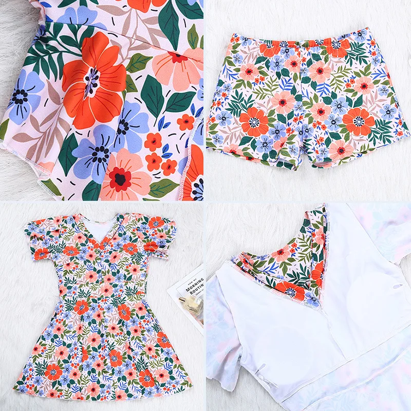 Sweet floral one-piece swimsuit beach vacation women's swimsuit flesh covering thin swim skirt short sleeve swimsuit