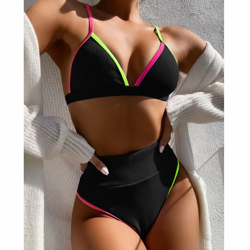 High Waist Bikini Swimsuit Slim Sexy Solid Color Beach Spa Swimwear Colorful Striped Straps Sexy Women's Swimwear