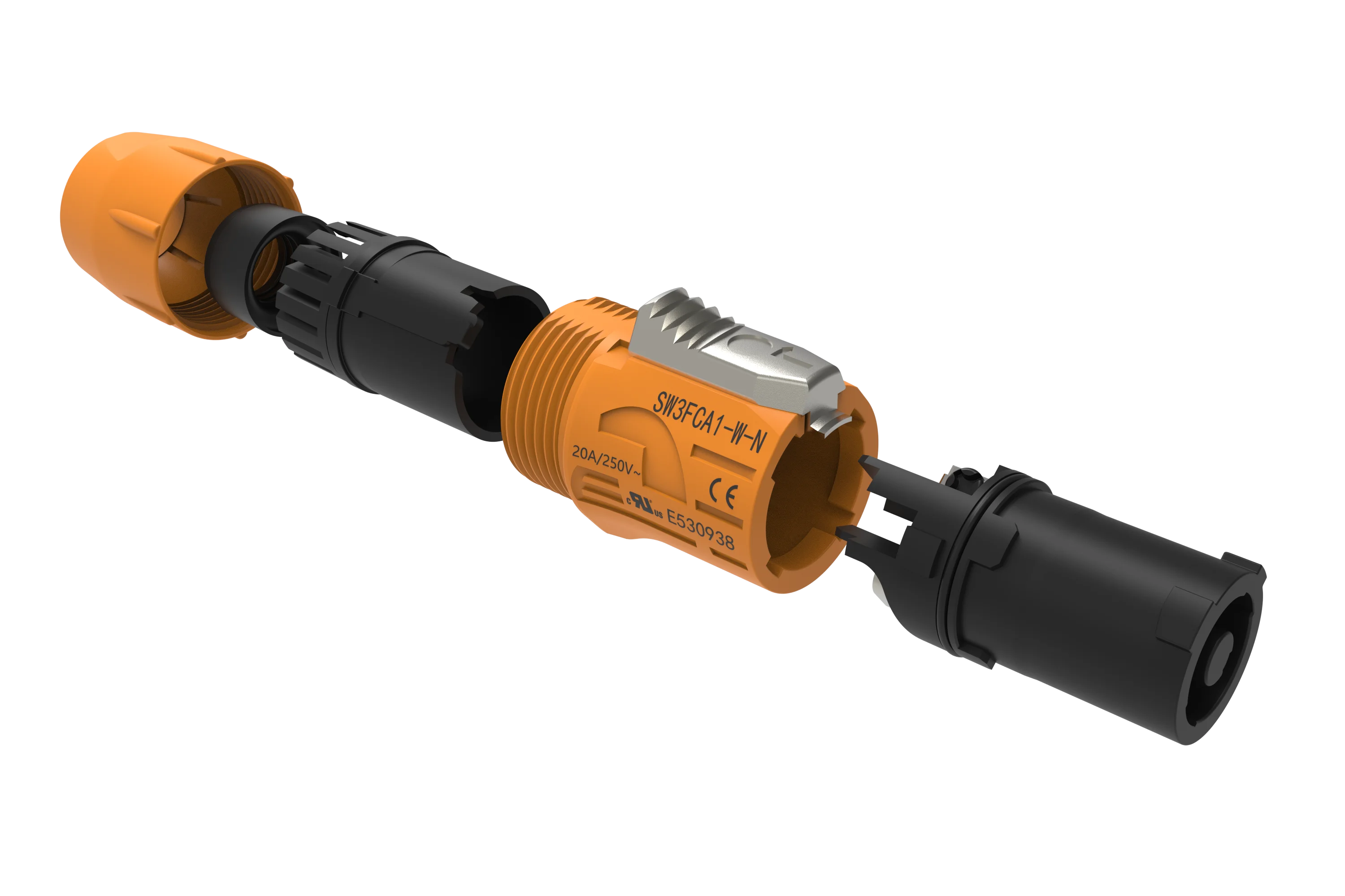 Outdoor IP65 Waterproof Powercon Connector Orange Black 3-Pole Male Plug Female Chassis Socket 20A 250V for LED Power Cable