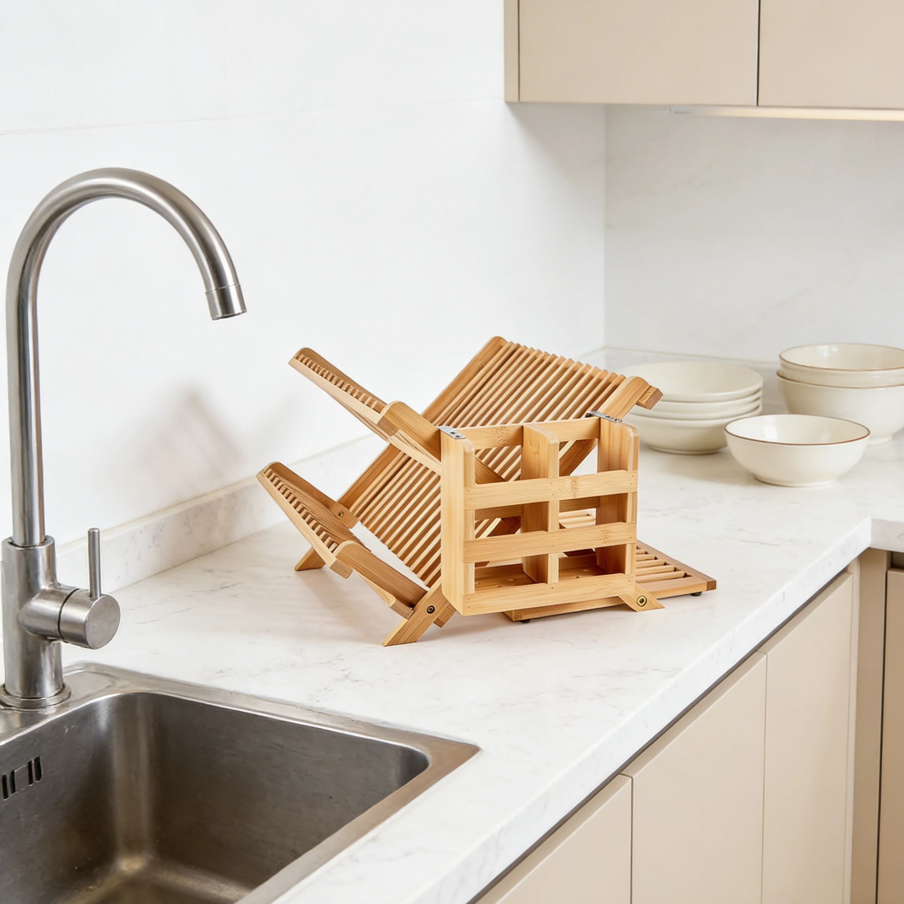 product custom bamboo collapsible dish drying rack with utensil holder foldable kitchen dish drainers for plates cups cutlery-4