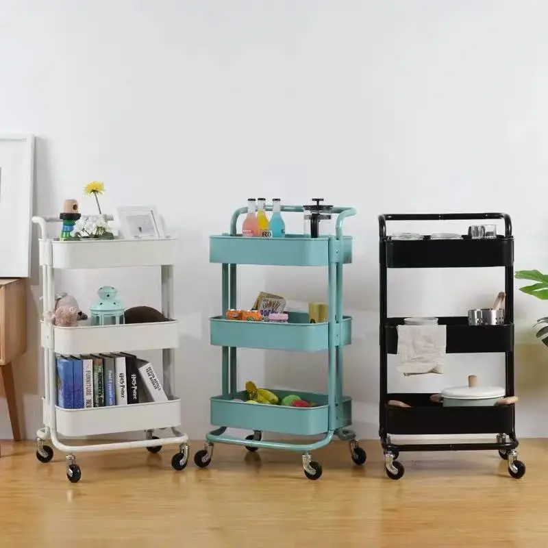 bedroom shelves Metal Armrest Trolley Furniture Kitchen Rack 3 Tier Trolley With Armrest trolley cart organizer