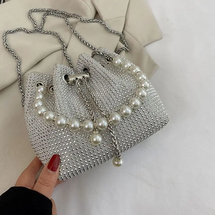 Shining Crystal Small Bucket Bags Women Fashion Diamonds Chain Crossbody Bag Lady Evening Party Clutch String Handbags