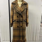 Women Coat Coat Black Brown Plaid Fringe Wool Long Women Trench Coat With PU Binding