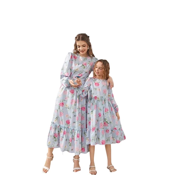 Factory OEM & ODM Mother and Daughter Dresses Floral Print Lantern Sleeve Ruffle Hem Dress Mommy and Me Family Matching Outfits