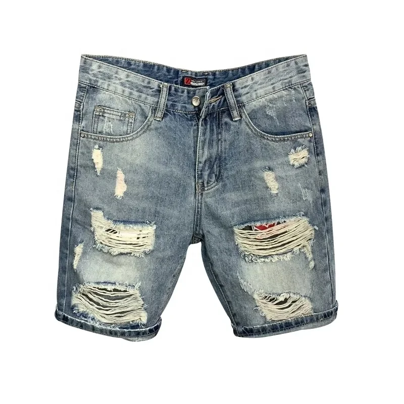 Wholesale printed embroidered denim fabric hot drilled jeans shorts Men's hip hop style slim slim fashion short jeans