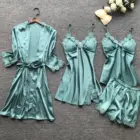Satin Pajamas Womens Wholesale Custom Casual Silky Satin Nighty Sets Women's 4 Piece Pajamas Sleepwear