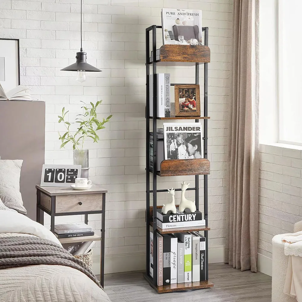 Modern 360 Display Spinning Ladder Shelf 5-Tier Narrow Tall Bookcase Small Corner Living Room Book Shelves manufacture