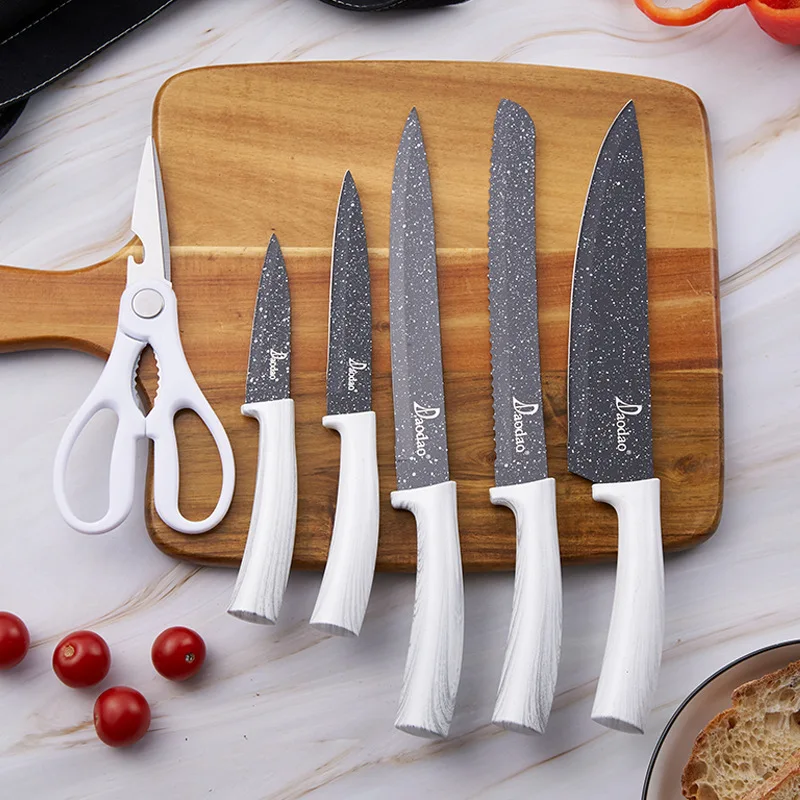kitchen stainless steel 7pcs cooking wooden Black coating handle with holder kitchen gadgest gift dainty chef knife sets
