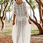 Beachwear Women Sexy Lace Crochet Beachwear Beach Cover Up Lace Mesh Sheer Long Maxi Beach Dress
