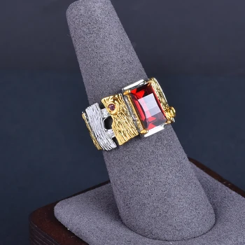 Italian Artisan Natural Garnet Women'S Open Ring 925 Silver Gold Plated Natural Garnet Ring Party Jewelry