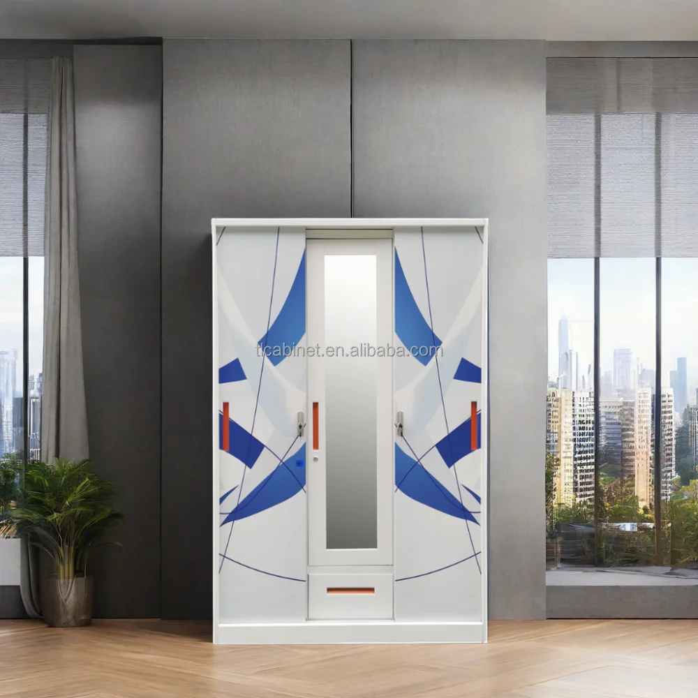 Modern Design Metal Wardrobe Manufacturers 3 Door Wardrobe With Sliding Doors Closet Cabinet Locker Steel Wardrobe