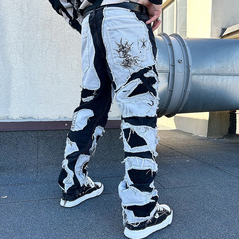 Custom Vintage Streetwear Jeans with 3D Print and Distressed Patch Slim Fit Hip Hop Denim Pants