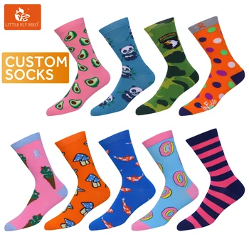 Wholesale custom logo 100 cotton natural chaussette business men crew happy funny crazied colorful socks for men