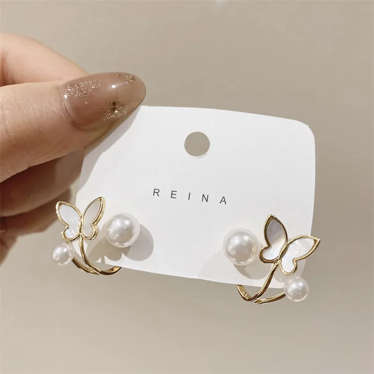 Fashion Butterfly White Enamel Earrings Alloy Pearl Gold Earrings Simple Jewelry Accessories Gifts 2 Kinds Wearing
